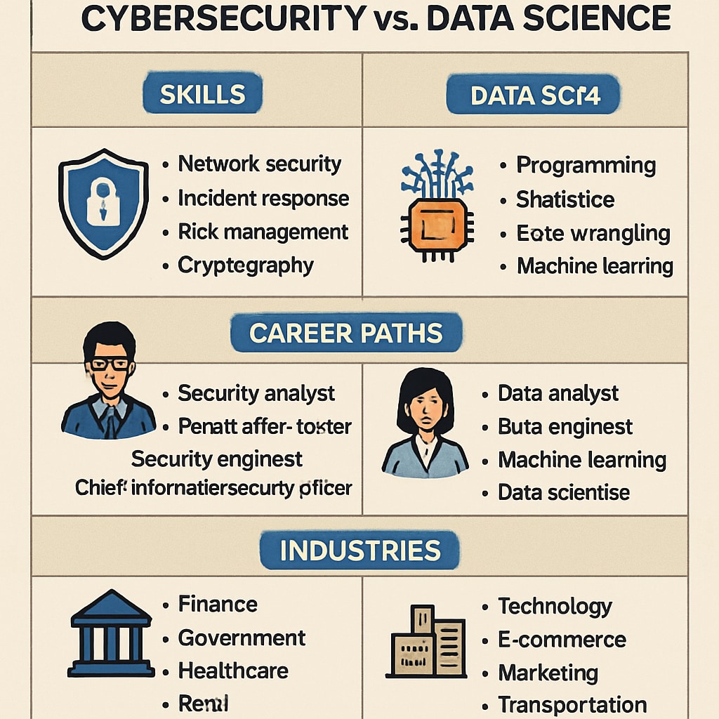 A comparison chart illustrating key differences between cybersecurity and data science, including skills, career paths, and industries. Cybersecurity and data science comparison chart for K12 career planning