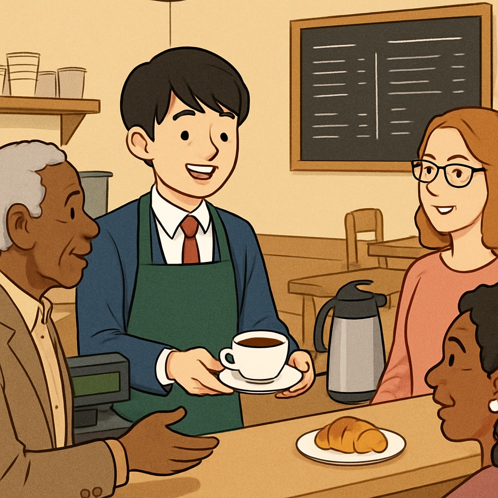 A high school student working part-time at a cafe, interacting with customers. This image represents the social and financial benefits of teenage employment. High school student working part-time job and interacting with customers