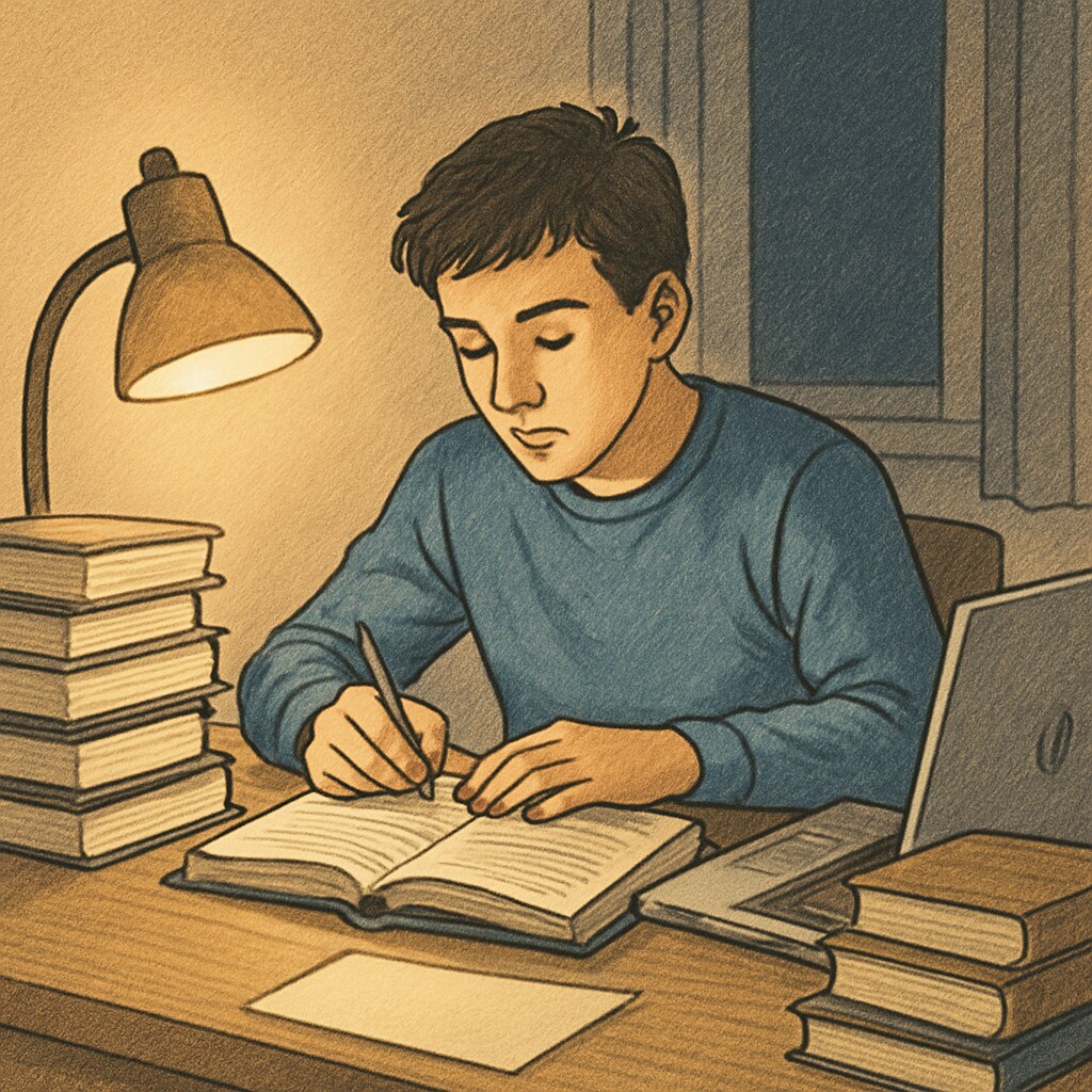 A teenager studying late at night with books and a laptop, demonstrating the challenges of balancing work and academics. Teenager studying late at night, balancing work and academics