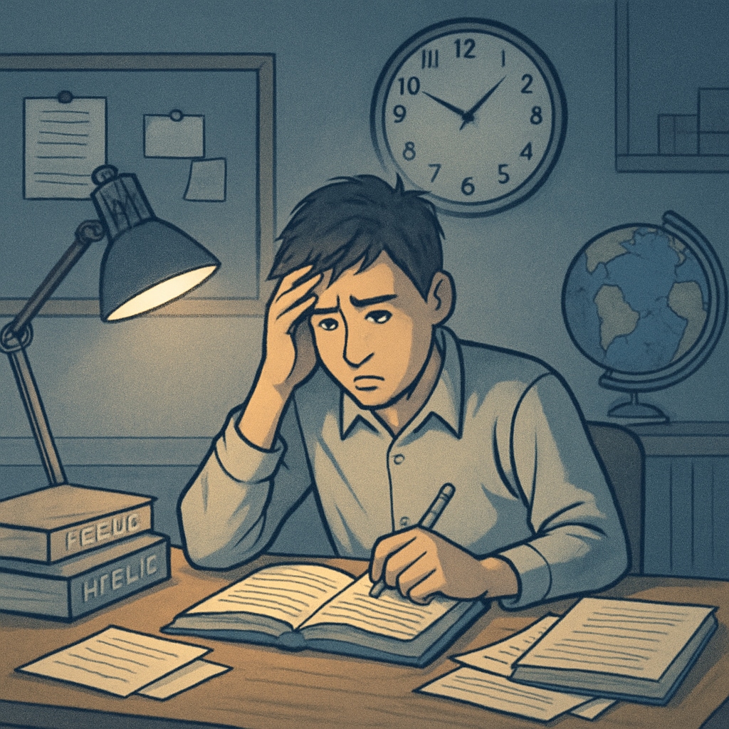 A stressed high school student studying late at night, illustrating the pressure to get into Ivy League schools. Stressed high school student studying, symbolizing Ivy League admission pressure.