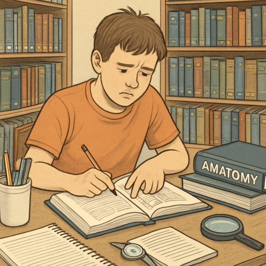 A student with learning disabilities studying in a medical library.