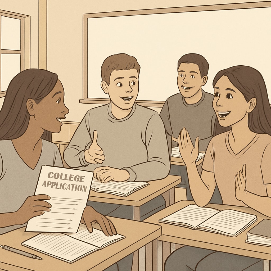 A classroom filled with high school students engaging in a lively discussion about college applications. High school students discussing Ivy League and non-Ivy League college options.