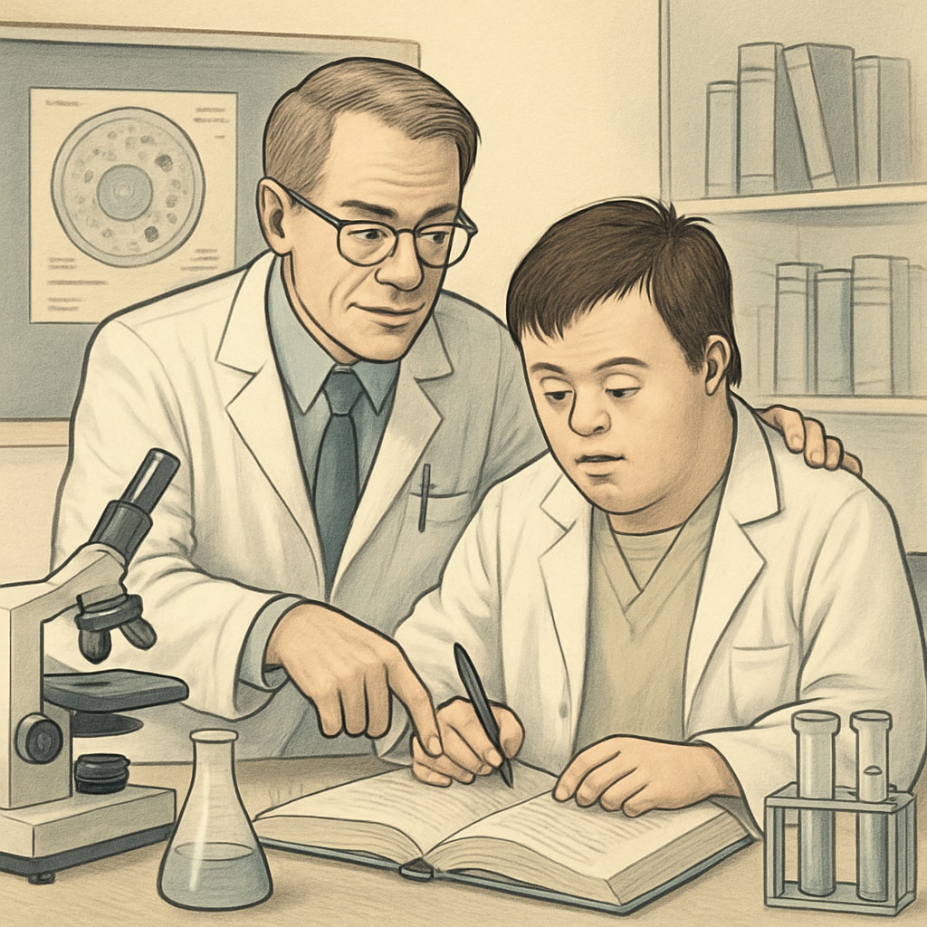 A mentor assisting a medical student with learning disabilities in a lab.