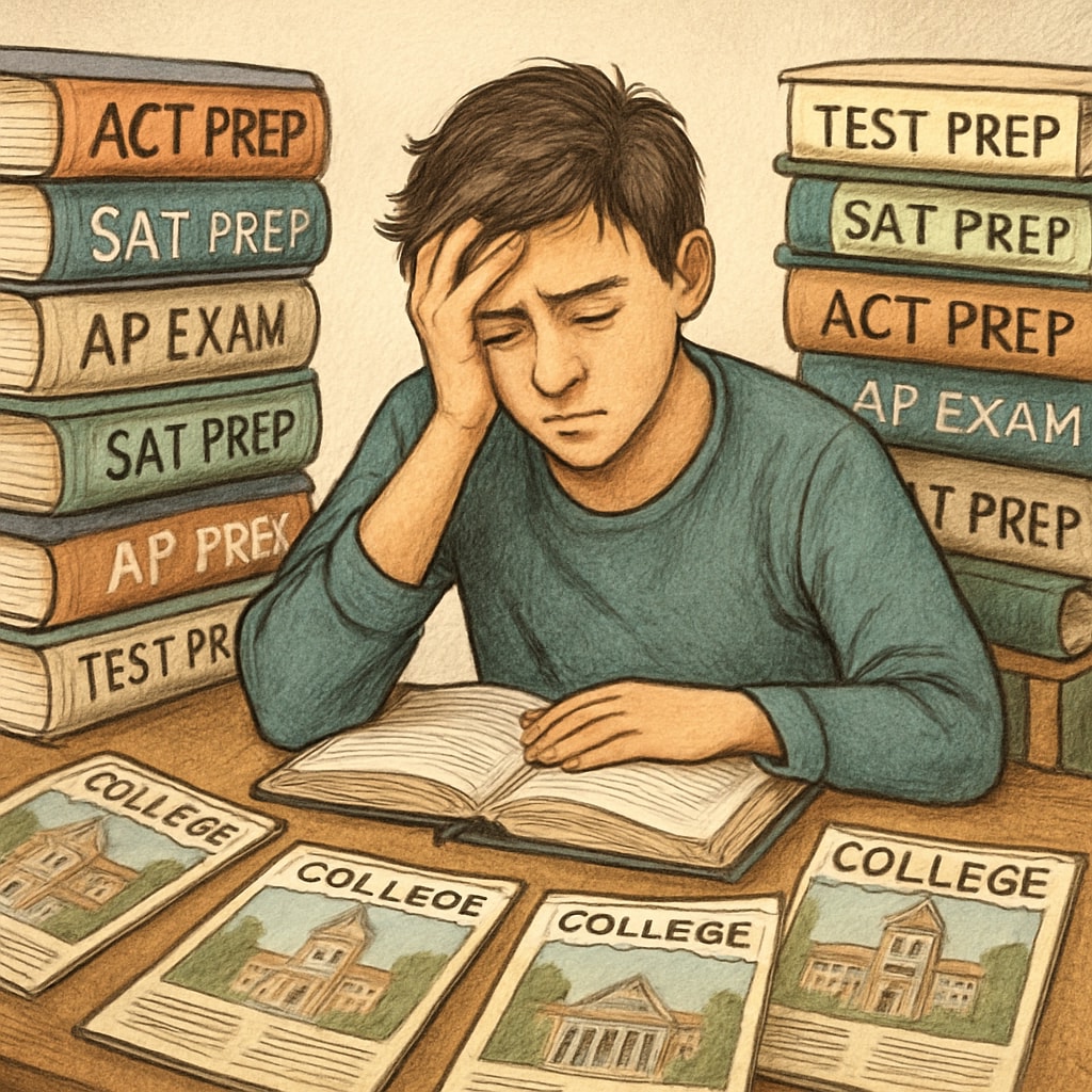An exhausted student surrounded by test prep books and college brochures, symbolizing the pressure of elite university admissions. A stressed student overwhelmed by Ivy League application materials.