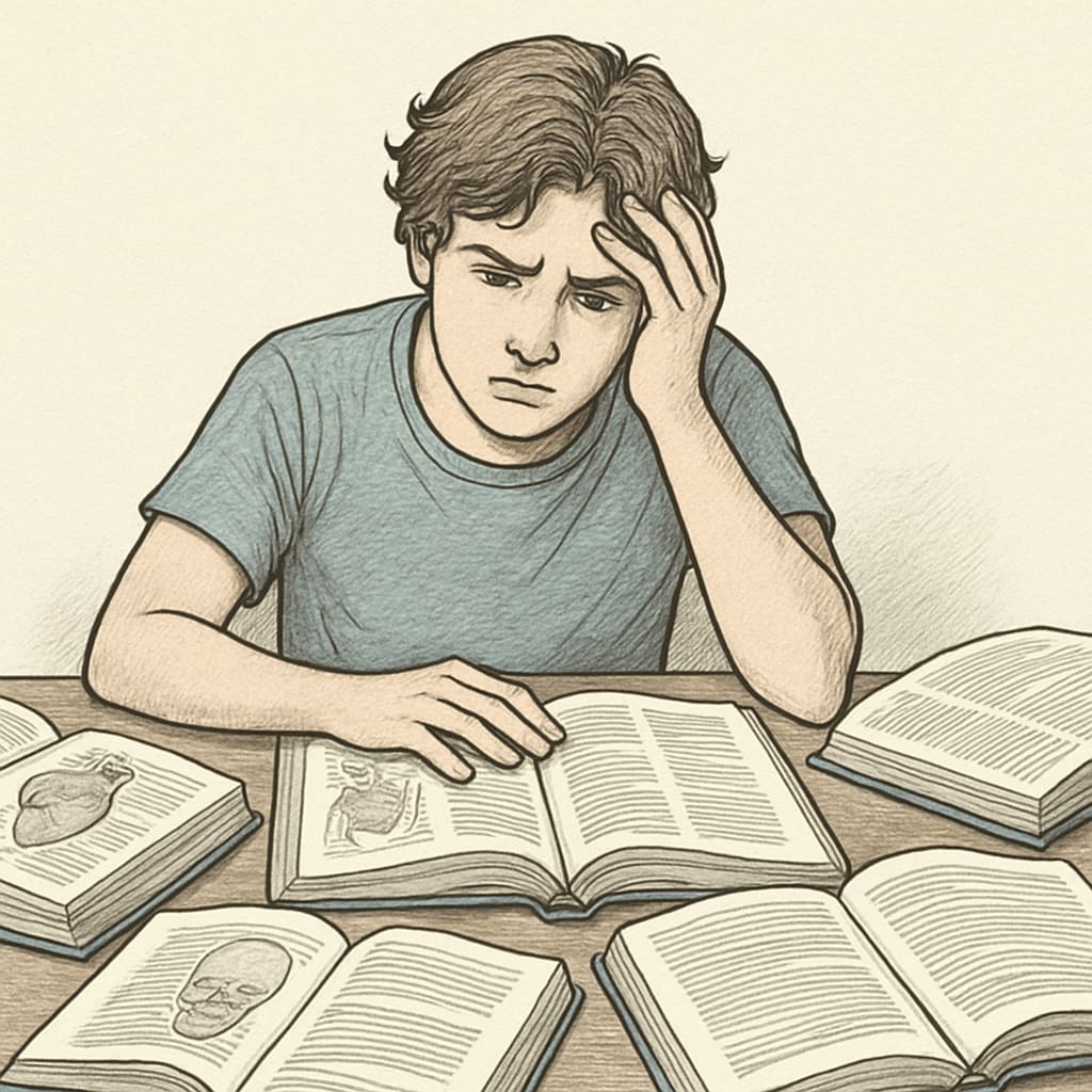 A young adult studying medical textbooks, appearing stressed yet determined, symbolizing the struggles of learning difficulties in medical education. A student with learning difficulties studying medical textbooks.