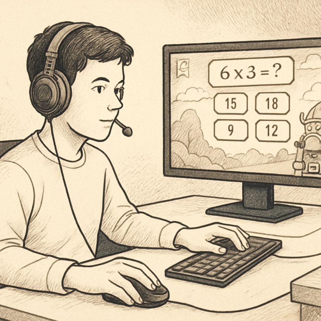 A student actively engaged in an esports gaming session while learning math concepts on a gamified platform. Student learning math through GameClass tools in an esports club setting.