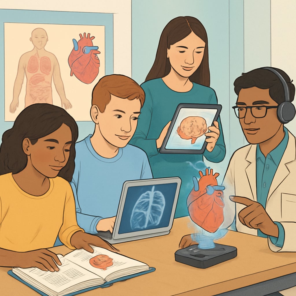 A classroom or lab setting where diverse students are using technology to learn medical concepts, showcasing inclusivity in education. Inclusive medical education using technology for students with learning difficulties.