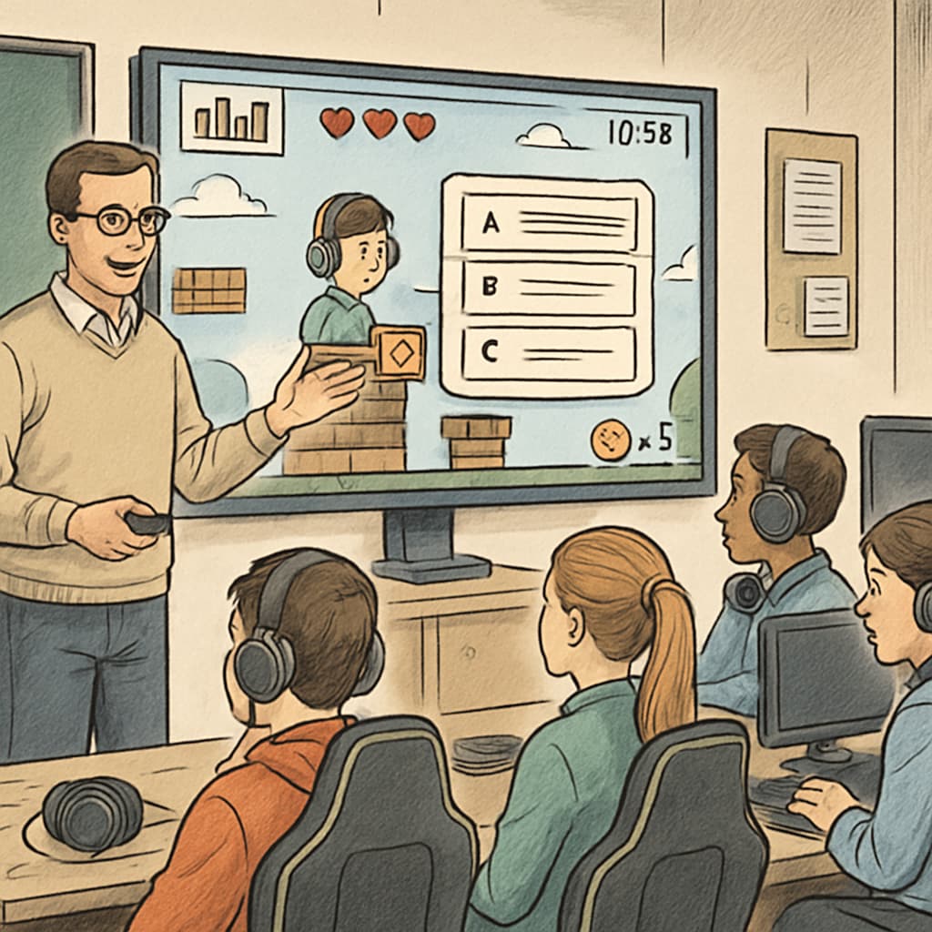 A teacher guiding students in an esports club, showcasing a gamified learning tool on-screen. Teacher demonstrating gamified learning software in an esports club environment.