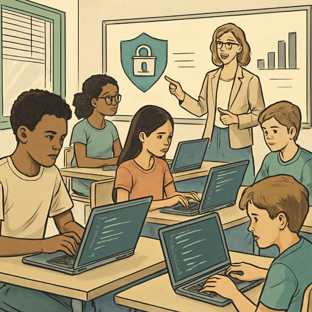 A classroom of students learning coding on laptops, emphasizing STEM education and its impact on future cybersecurity and data science careers. Coding class emphasizing STEM skills for cybersecurity and data science career preparation.