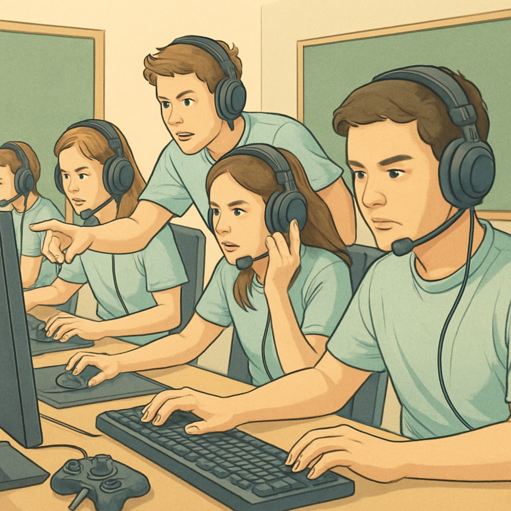 A high school esports team actively engaging in a competitive match, showcasing collaboration and strategy. Students participating in an esports competition, demonstrating teamwork and communication.
