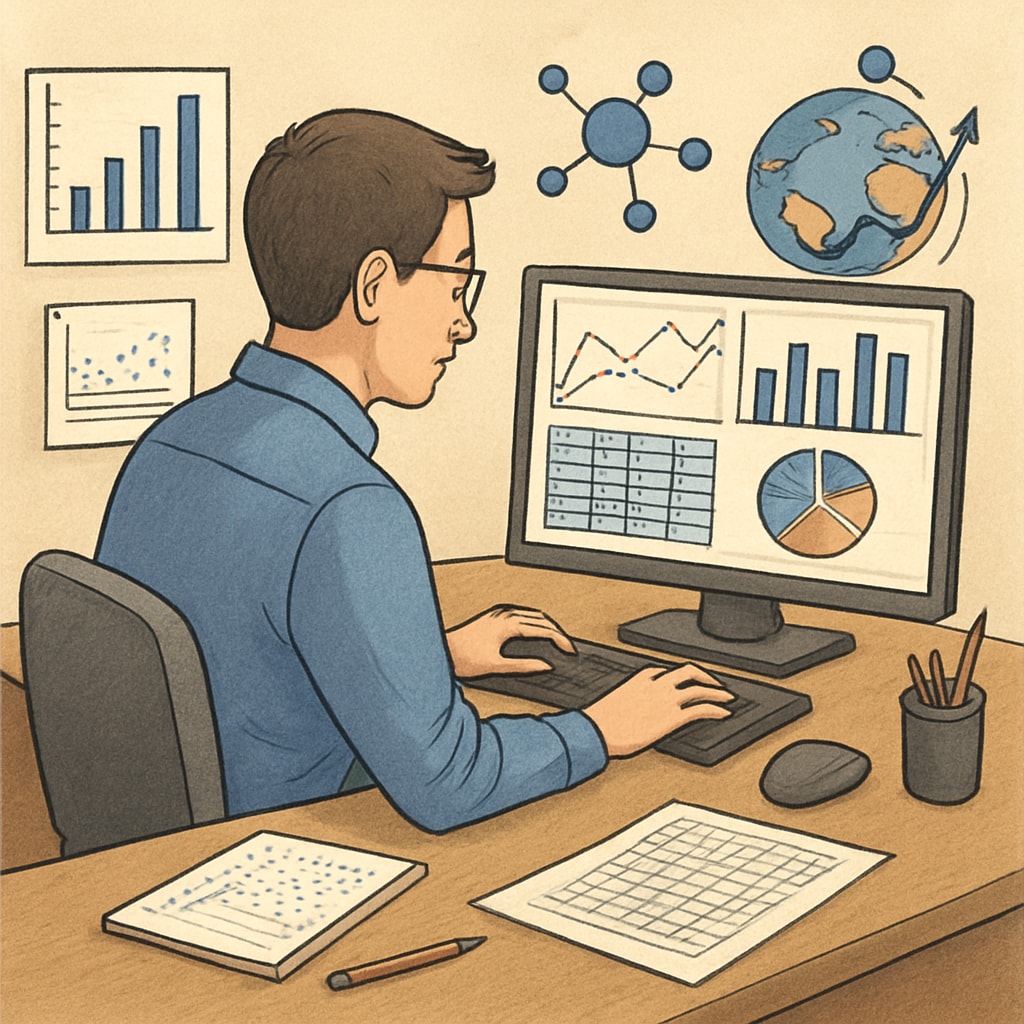A data scientist analyzing graphs and datasets on a computer screen, showcasing visualization skills and real-world applications. Data scientist working with datasets, showcasing real-world applications of data science in career choices.