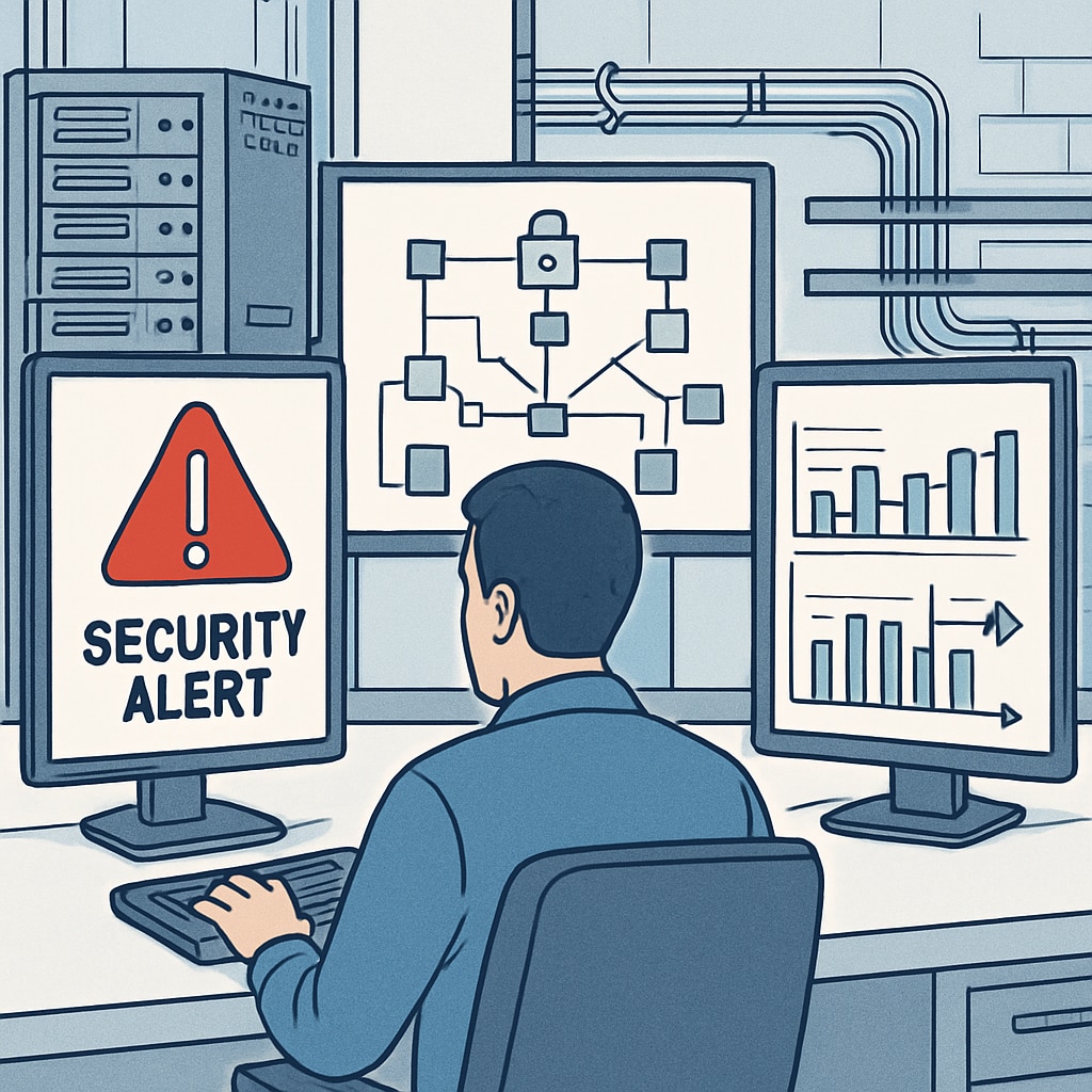 A professional working on cybersecurity system monitoring, with screens displaying security alerts and network diagrams. Cybersecurity professional monitoring threats on a multi-screen setup.