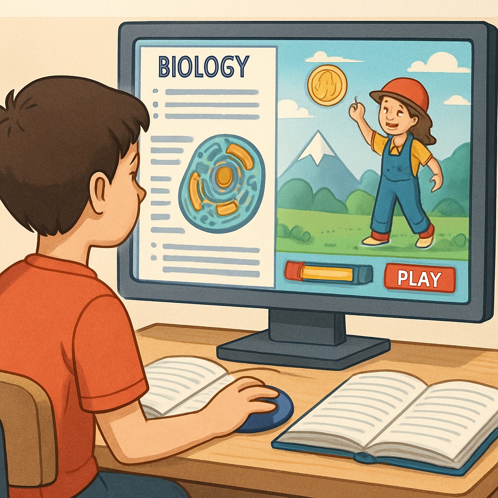 A student immersed in a gamified learning platform, with educational content displayed on a screen alongside engaging game graphics. A student using a gamified learning app for educational purposes.
