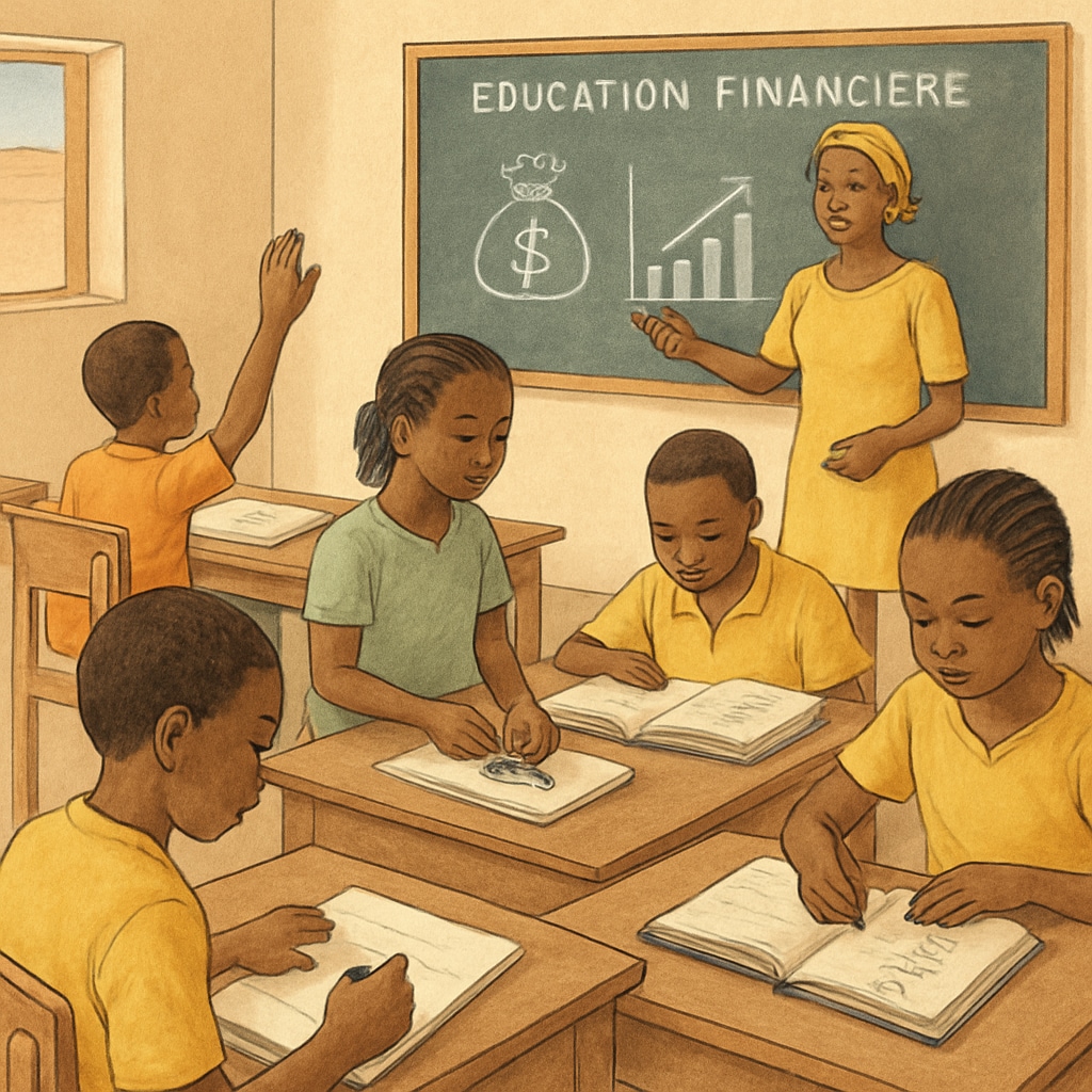 A classroom in Mali featuring students engaged in learning activities, emphasizing the importance of early education in financial career development. Classroom in Mali with students learning about financial skills.