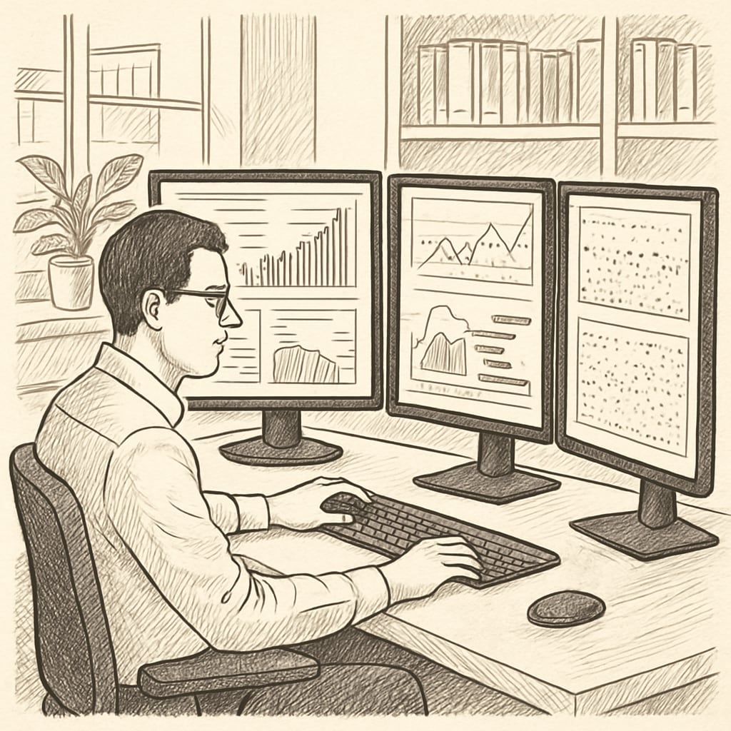 A data scientist analyzing large datasets on multiple screens, with charts and graphs visible. Data scientist working on large datasets with visible graphs and charts.