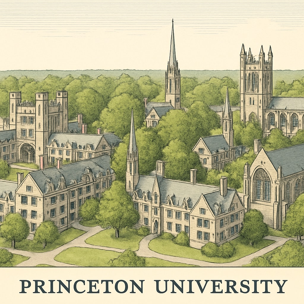 A panoramic view of Princeton University’s campus, showcasing its iconic architecture, to highlight the allure of Ivy League schools. Princeton University campus architecture as a symbol of Ivy League prestige.