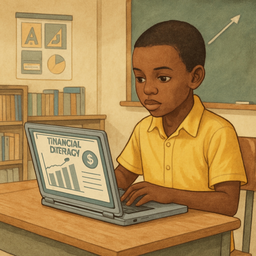 A young student in Mali using a laptop provided by an educational program to learn financial literacy, showcasing the impact of technological resources in education. Malian student learning financial concepts via laptop.