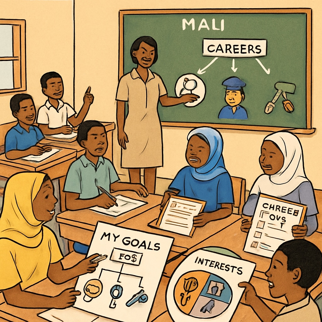 Career planning education in Mali, students exploring career paths in a classroom setting.