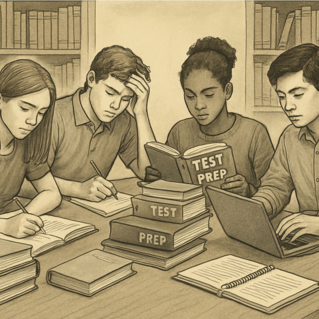 A group of high school students preparing for standardized tests with stacks of books and laptops, reflecting the pressures of elite education worship. High school students studying for standardized tests, symbolizing Ivy League preparation stress.