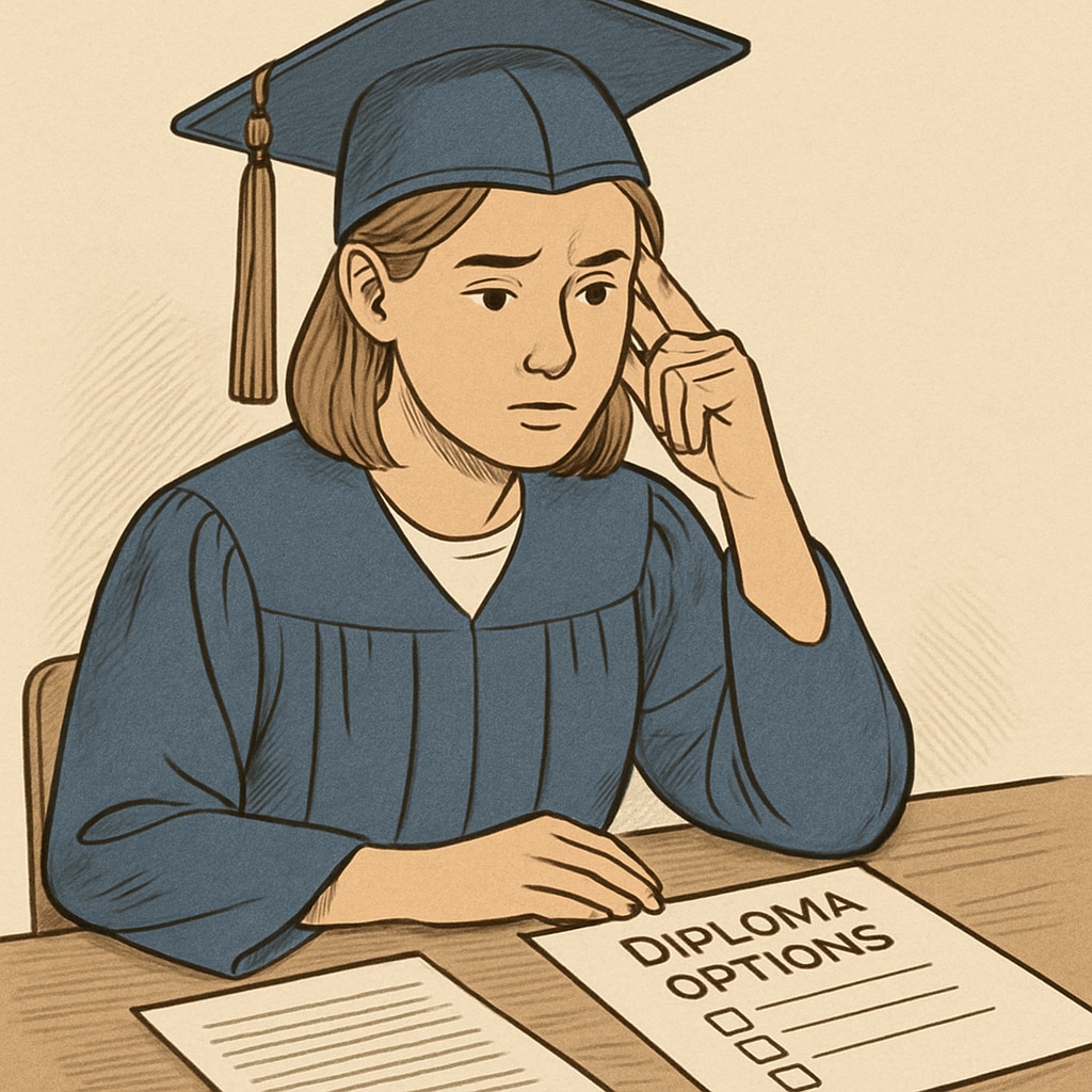 A concerned high school graduate sitting at a desk, contemplating their diploma choices. Student reflecting on a modified high school diploma and future options.