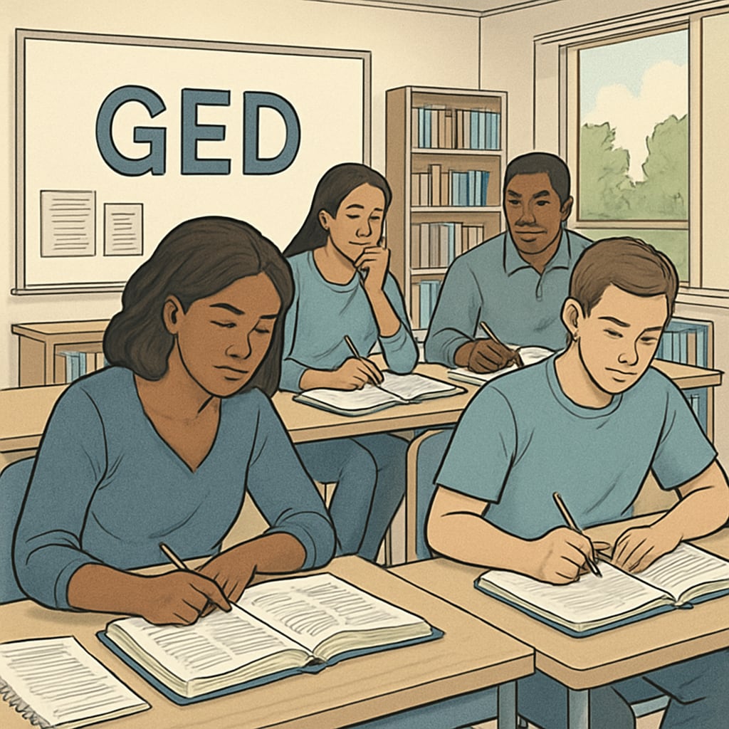 A group of students attending a GED study session, showcasing determination and hope. Students preparing for GED exams as an alternative to modified diplomas.