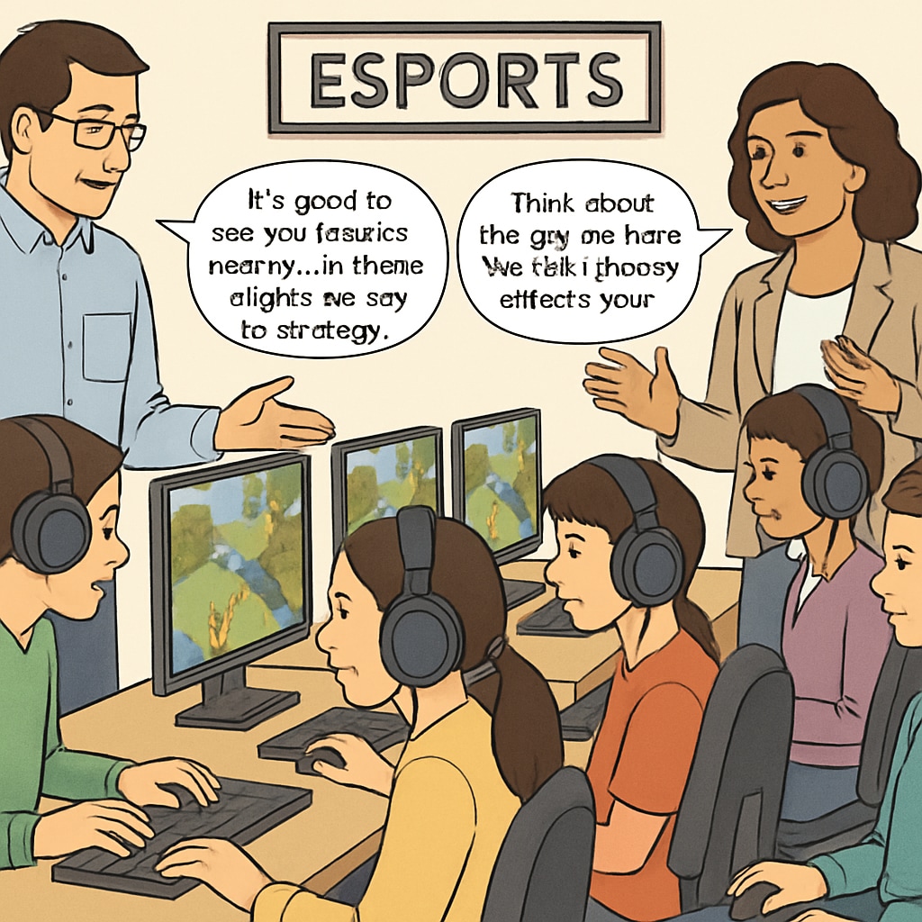 A group of students participating in an esports competition, with teachers guiding them on how gaming connects to subjects like math and science. Students exploring STEM concepts through esports activities in an educational setting.