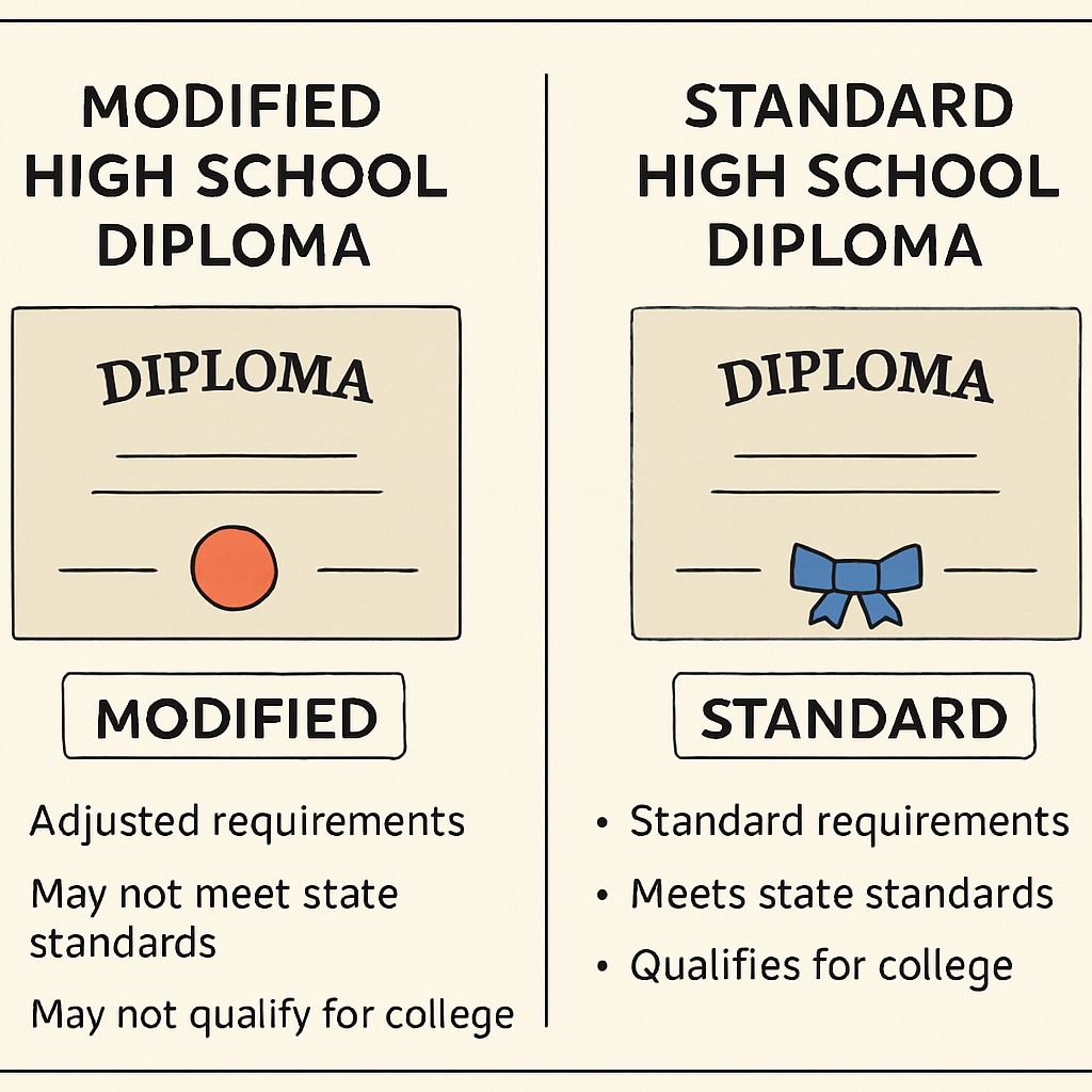 A visual comparison chart showing the differences between a modified and a standard high school diploma. Comparison of modified and standard high school diplomas.