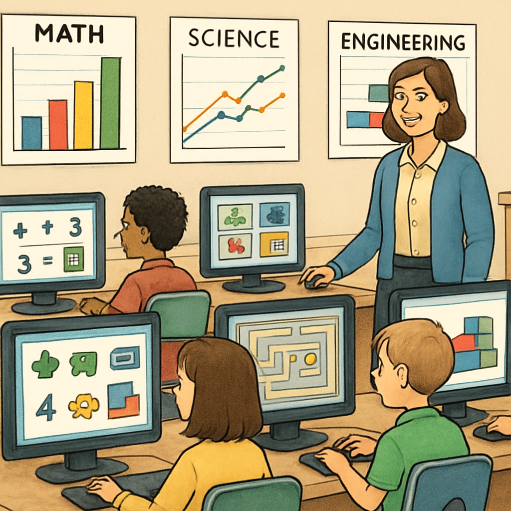 A classroom setting where students are using computers to play educational games, with charts showing progress in STEM-related skills. GameClass and NASEF integrating esports into STEM education through gamified learning.