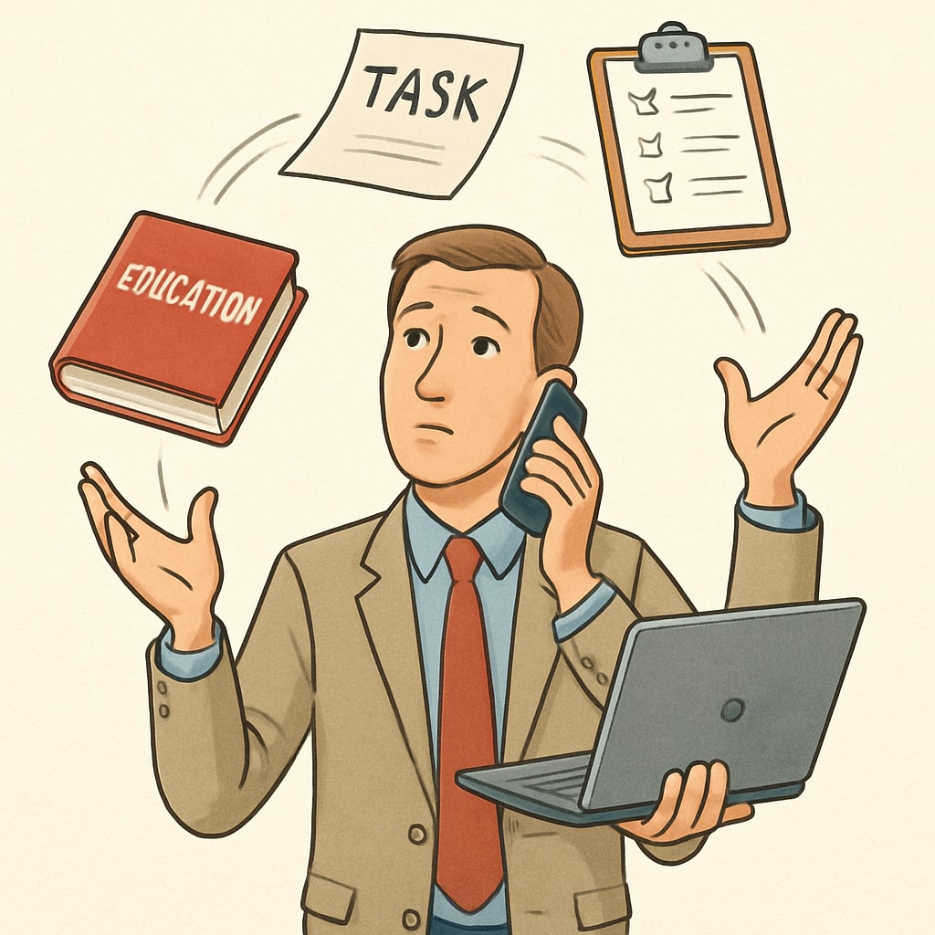 A professional juggling work and textbooks, symbolizing the challenge of balancing career and education. Professional juggling work and textbooks for balancing career and education.