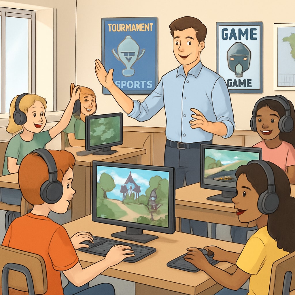 A classroom setting where students are engaged in game-based learning activities on computers, with esports posters displayed on the walls. Students participating in game-based learning activities in an esports-themed classroom.
