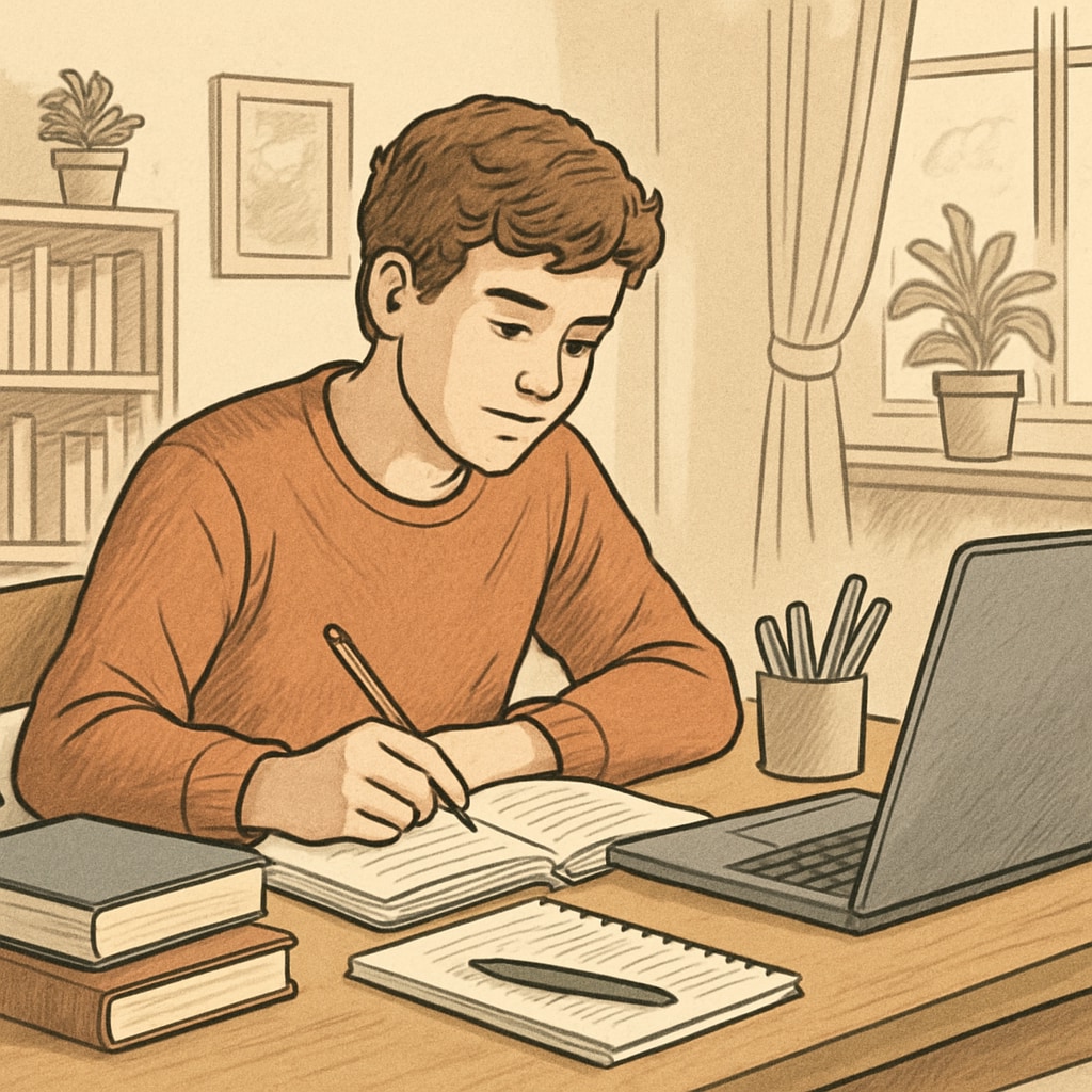 A student working on coursework at home, illustrating the flexibility of online education options. Student completing online coursework to meet high school diploma requirements.