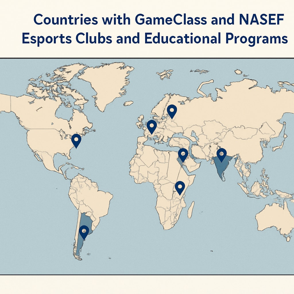 A global map highlighting countries where GameClass and NASEF have established esports clubs and educational programs. Map displaying the global reach of GameClass and NASEF’s esports education initiatives.