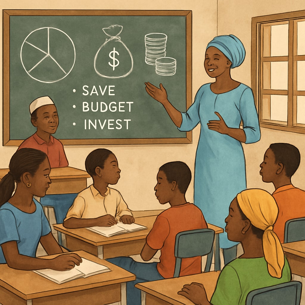 A classroom setting in Mali where students are engaged in learning financial literacy concepts. Students in Mali learning financial concepts in a classroom environment.