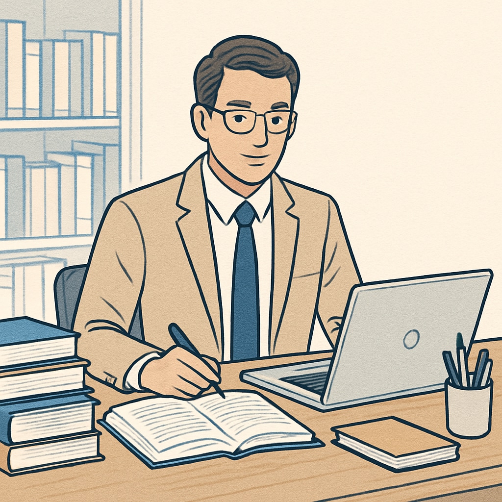 A professional at their desk, surrounded by books and a laptop, symbolizing the balance between work and study. Professional balancing work and study for master's degree, career progression, and time management.