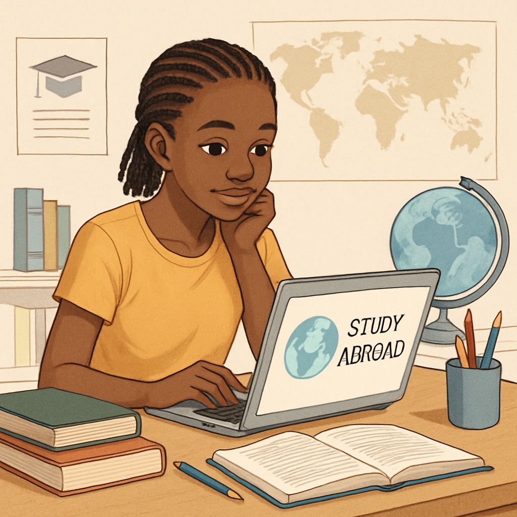 A young Malian student researching study abroad options on a laptop, symbolizing aspirations for global careers. Malian student exploring study abroad opportunities on a laptop.