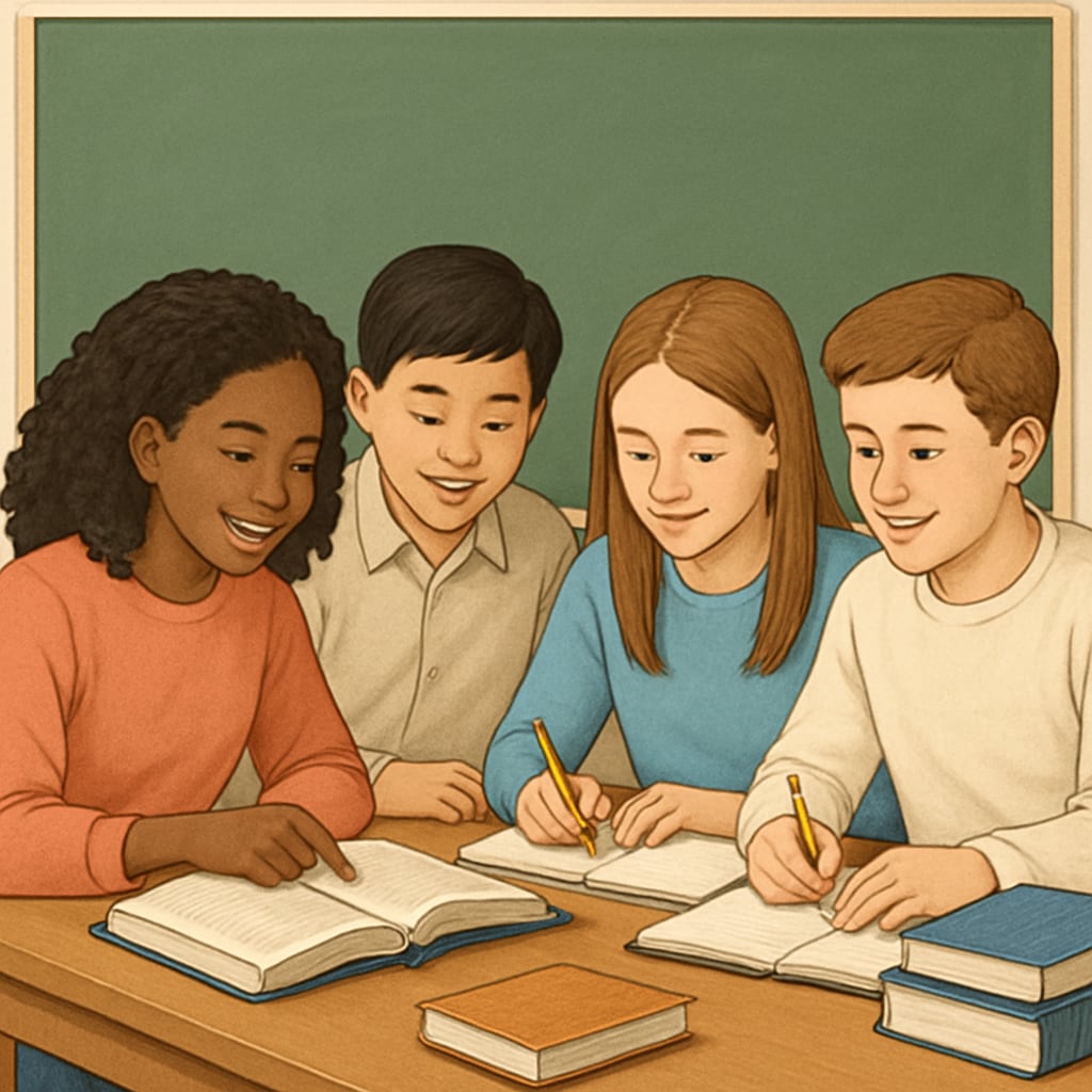 A group of students working together in a classroom, illustrating educational support for returning students.