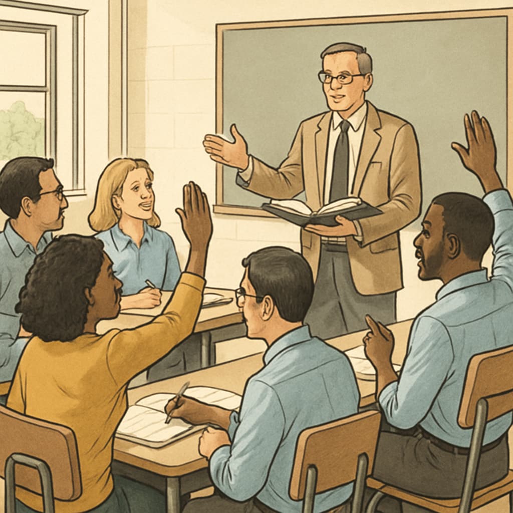 A classroom setting with diverse adult students engaging with a professor, representing mid-career learners. Adult students representing master's degree and career progression.