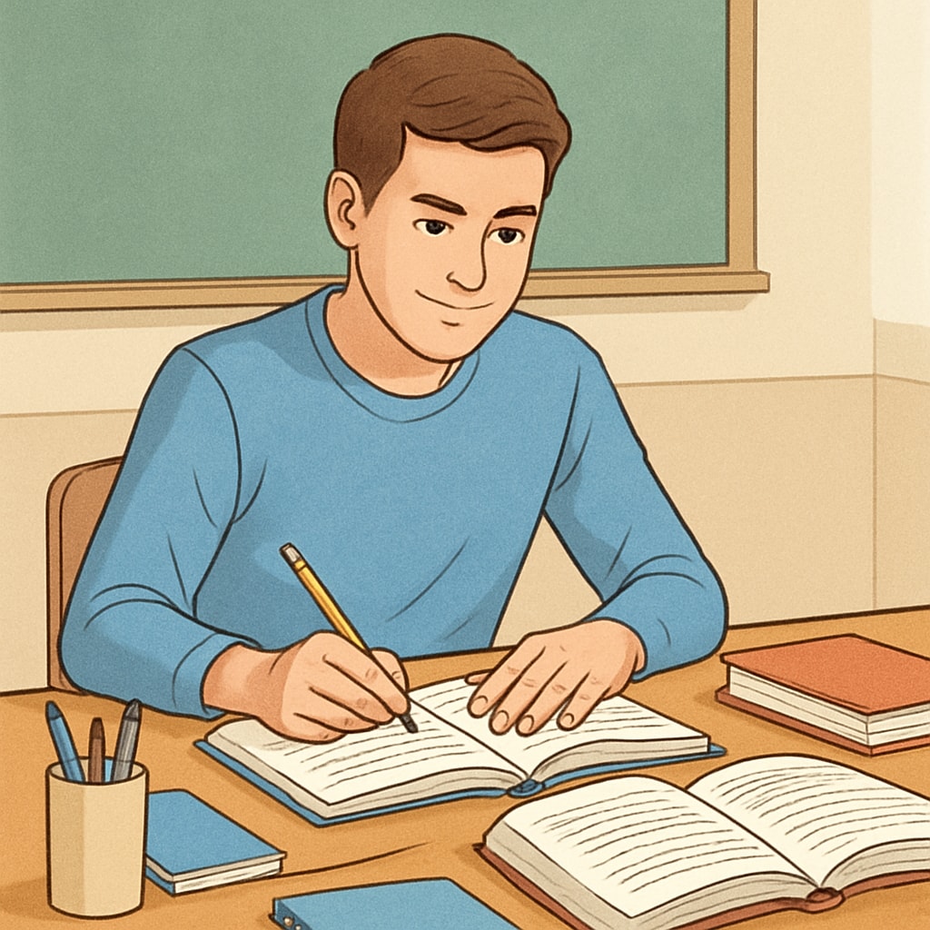 A young adult sitting at a desk with books, looking motivated to study after a break in education. Young adult motivated to study after academic disruption.
