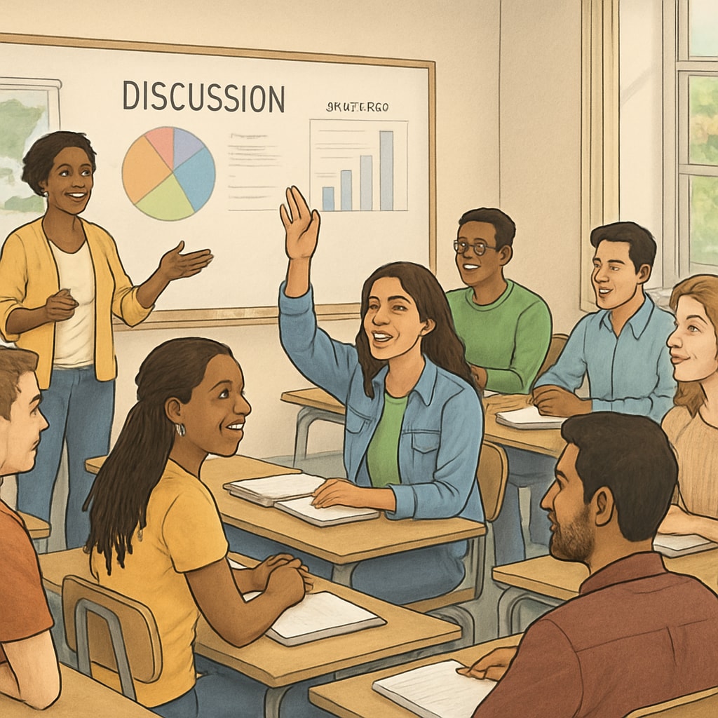 A community college classroom with students actively engaged in a discussion, symbolizing new educational opportunities. Students in a community college classroom engaging in educational activities.