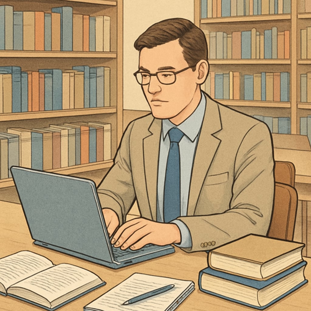 A professional working on a laptop in a library, symbolizing the balance between work and study. A mid-career professional studying for a master’s degree in a library.