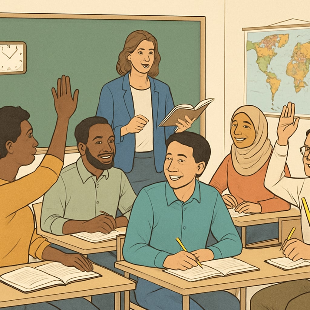 A classroom setting with diverse students participating in an adult education session. Adult education classroom with diverse students in the UK.