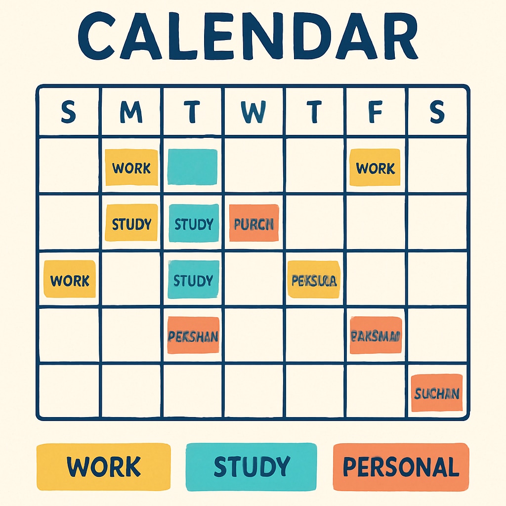 A calendar with color-coded tasks for work, study, and personal time, representing effective time management. A time management calendar for balancing work, study, and personal life.