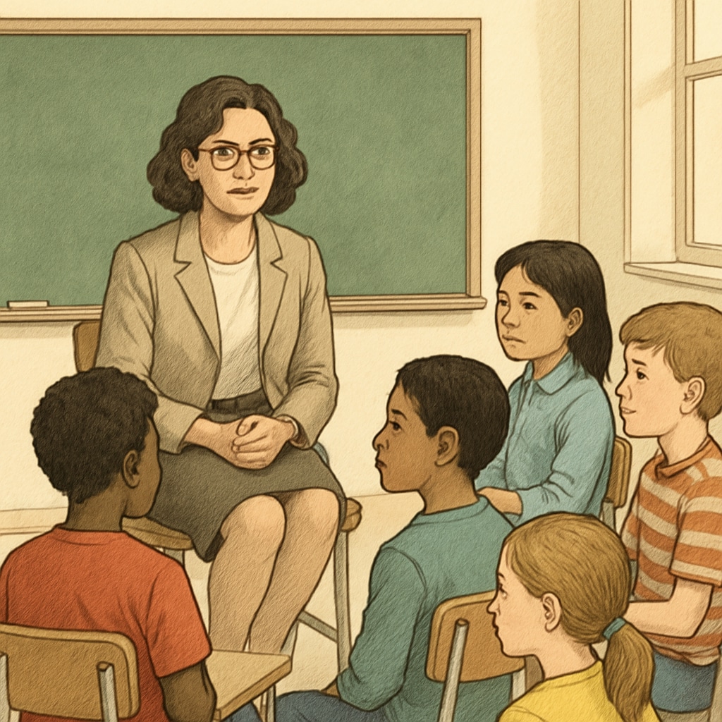 A teacher sitting in a classroom with diverse students, symbolizing inclusivity and education neutrality. Classroom scene with teacher and diverse students discussing inclusivity and neutrality.