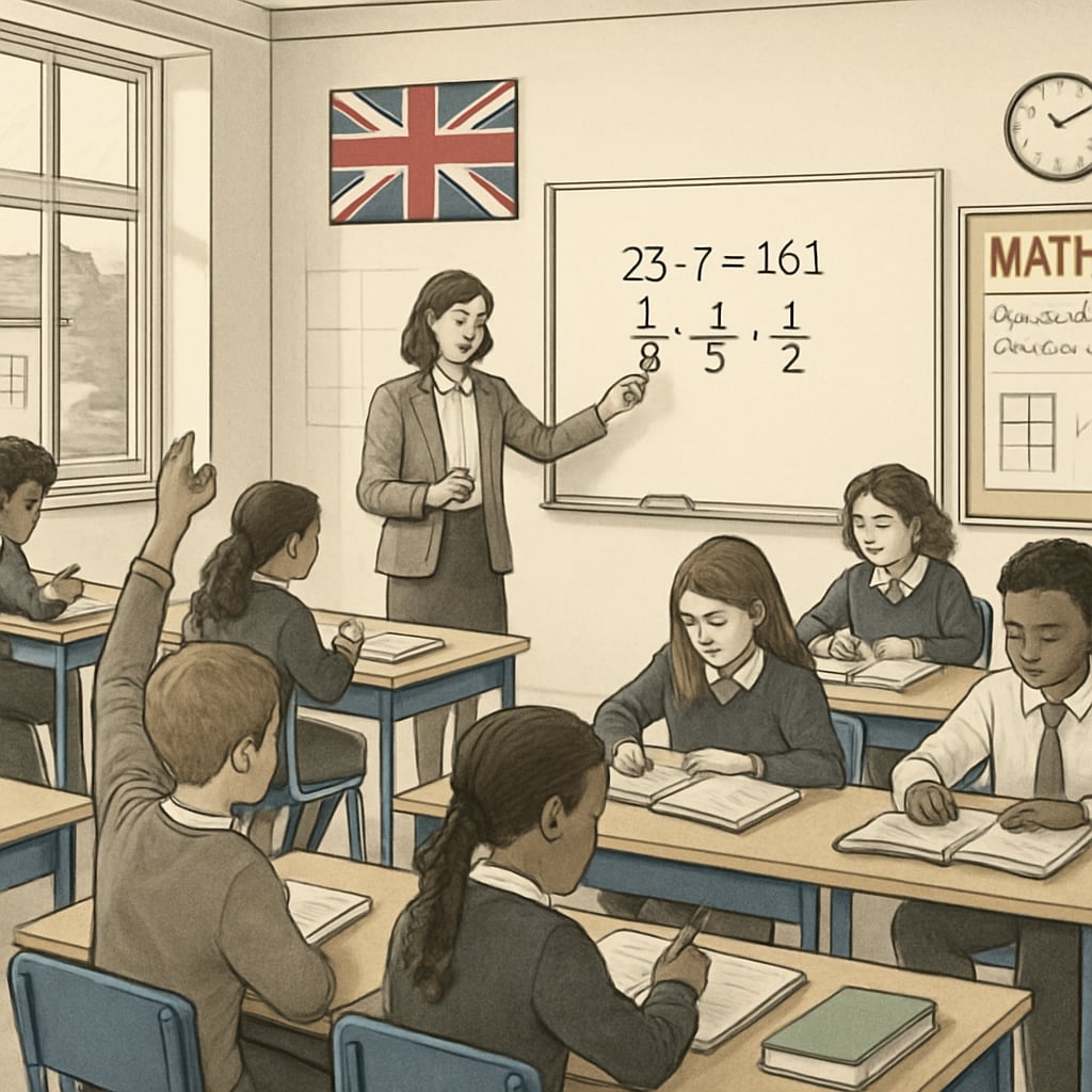 A classroom in the UK with students engaged in mathematics learning, symbolizing academic recovery efforts. UK classroom with students learning math, representing education recovery.