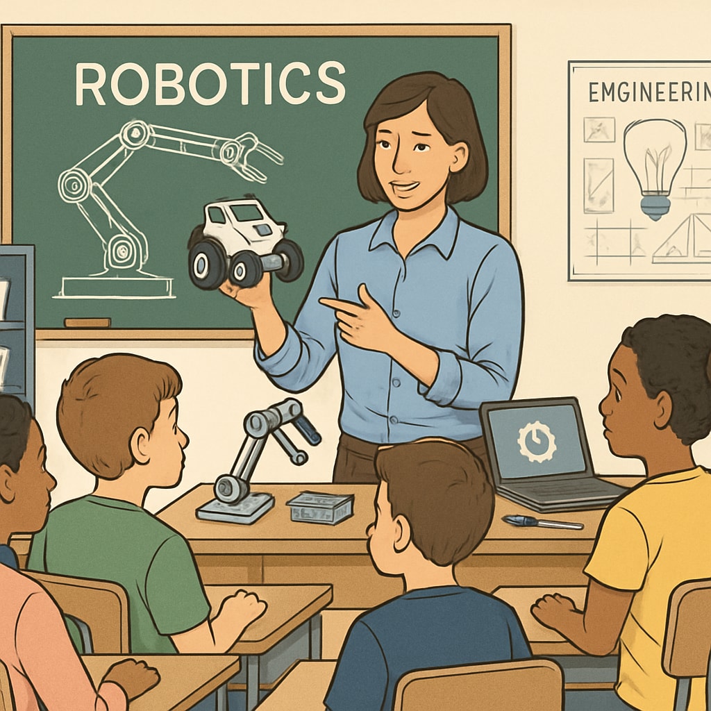 A classroom where a teacher demonstrates robotics to K12 students, emphasizing the integration of education and engineering. A teacher demonstrating robotics to K12 students in a classroom, showing the blend of education and engineering.