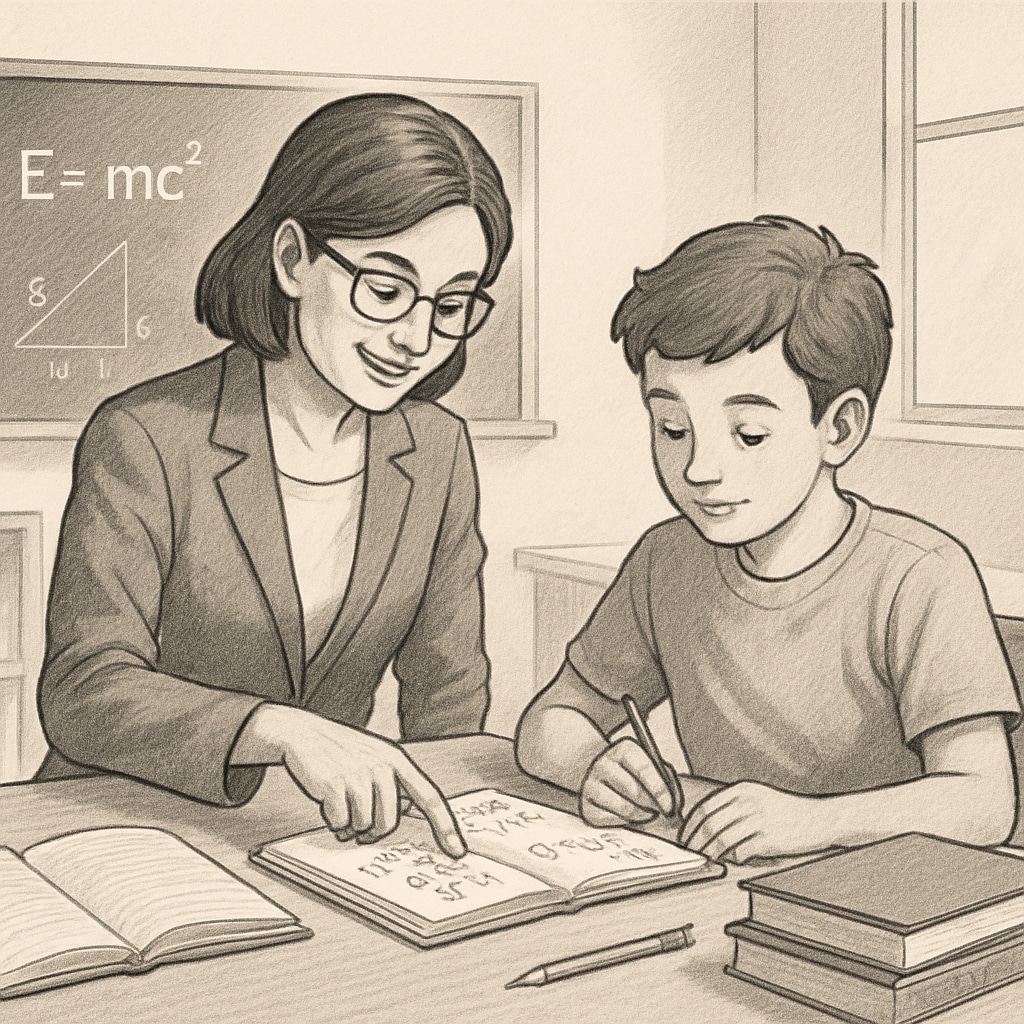 A tutor assisting a student with mathematics exercises, highlighting personalized education support. Tutor helping a student with math, emphasizing individual support for learning recovery.