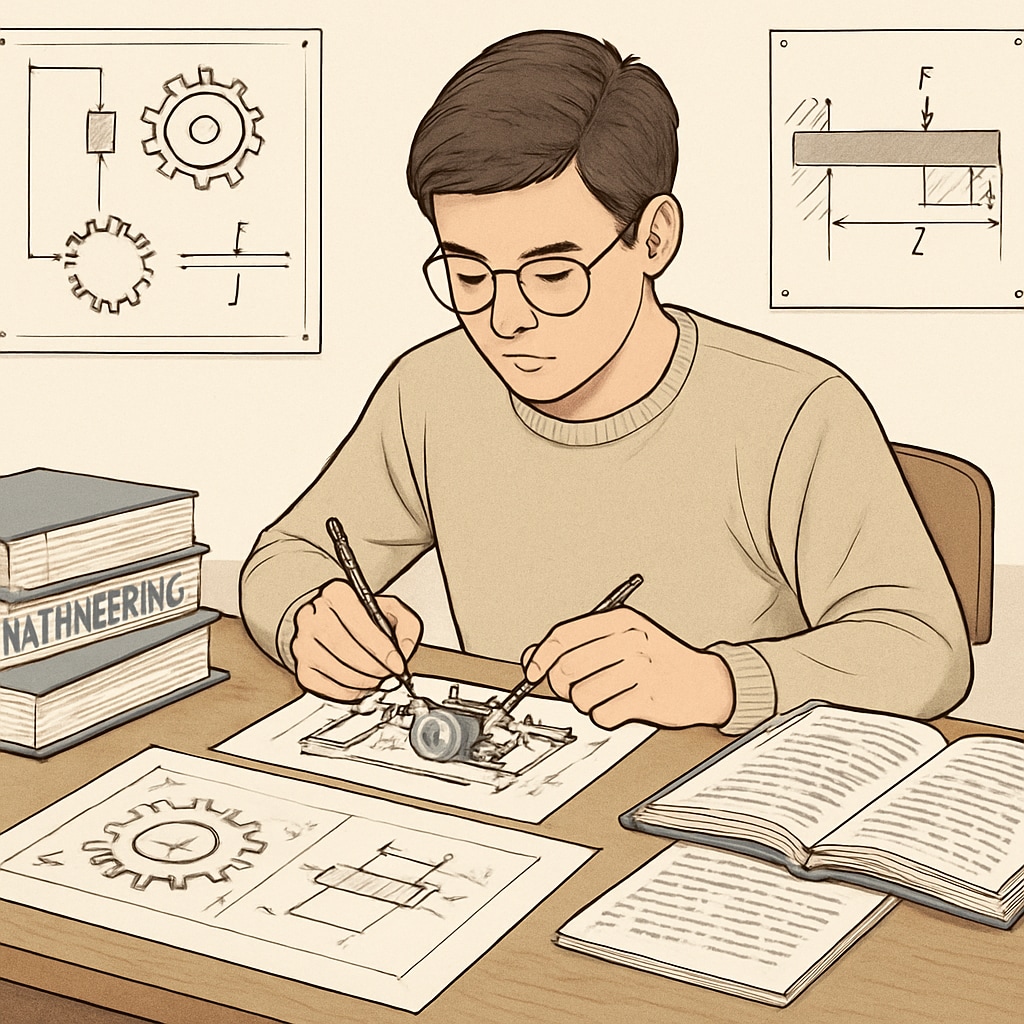 A university student working on an engineering project while preparing teaching materials, symbolizing the dual focus of education and engineering. A university student balancing engineering work and teaching preparation, representing dual-degree pursuits.
