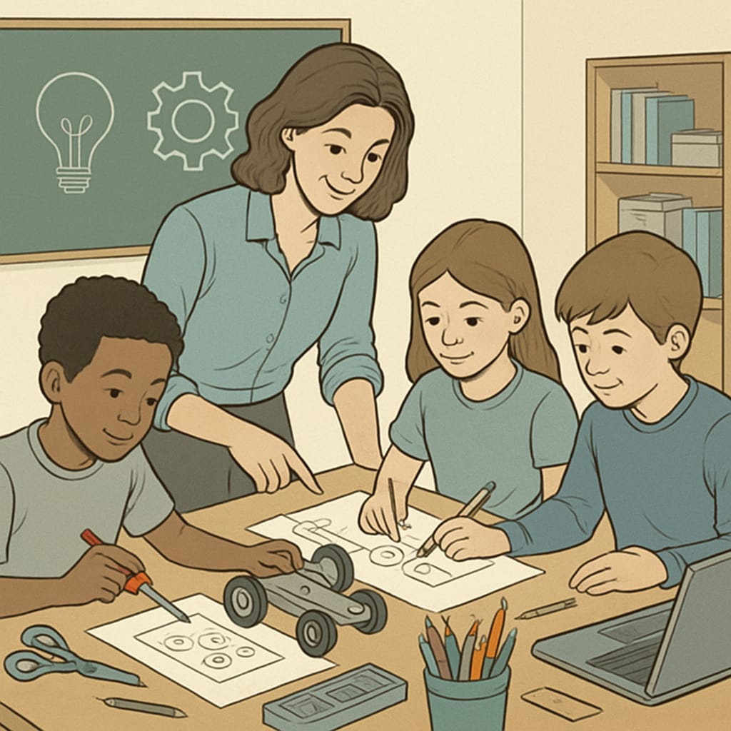 A teacher guiding a group of K12 students in building a small engineering project using art and technology tools in a classroom. A teacher helping students blend art and engineering concepts in a K12 project.
