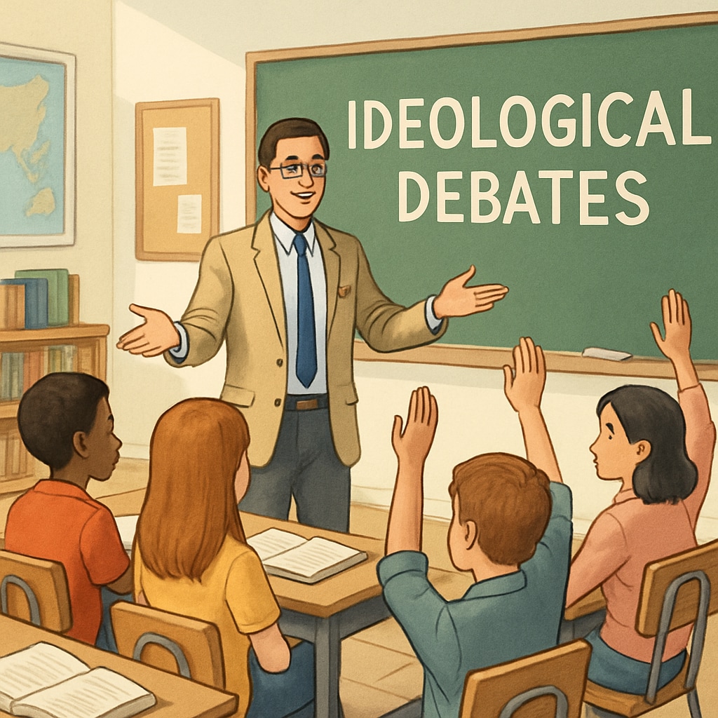 A teacher standing in front of a classroom, engaging students in a discussion. The image symbolizes the debate over ideological control in schools. A teacher facilitating neutral discussions in a classroom, representing the political screening debate.