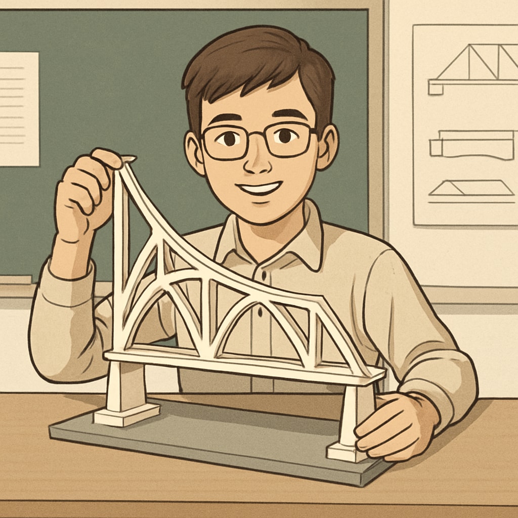 A K12 student presenting a 3D-printed model of a bridge, blending artistic design with engineering functionality, during a classroom showcase. A student showcasing a 3D-printed project combining artistic and engineering skills.